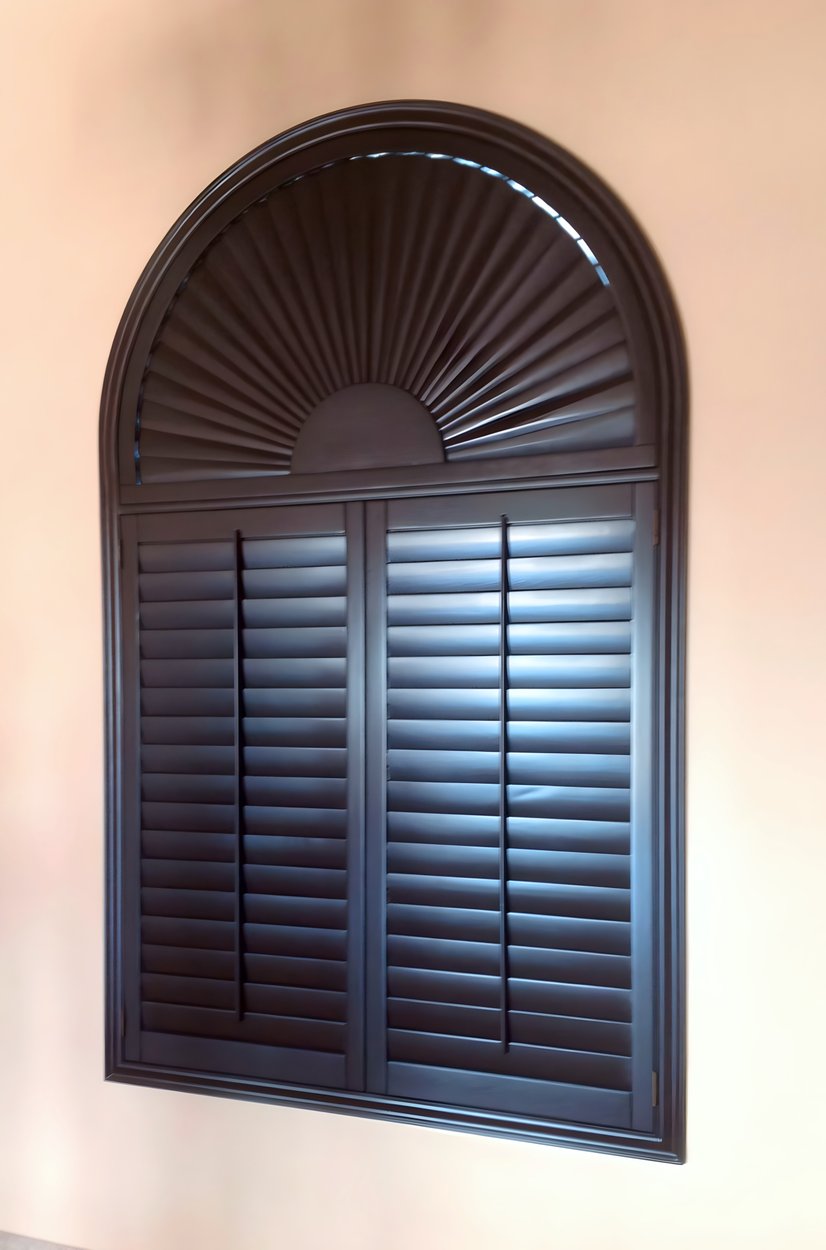 dark stained plantation shutters with an arched sunburst window, close-up view