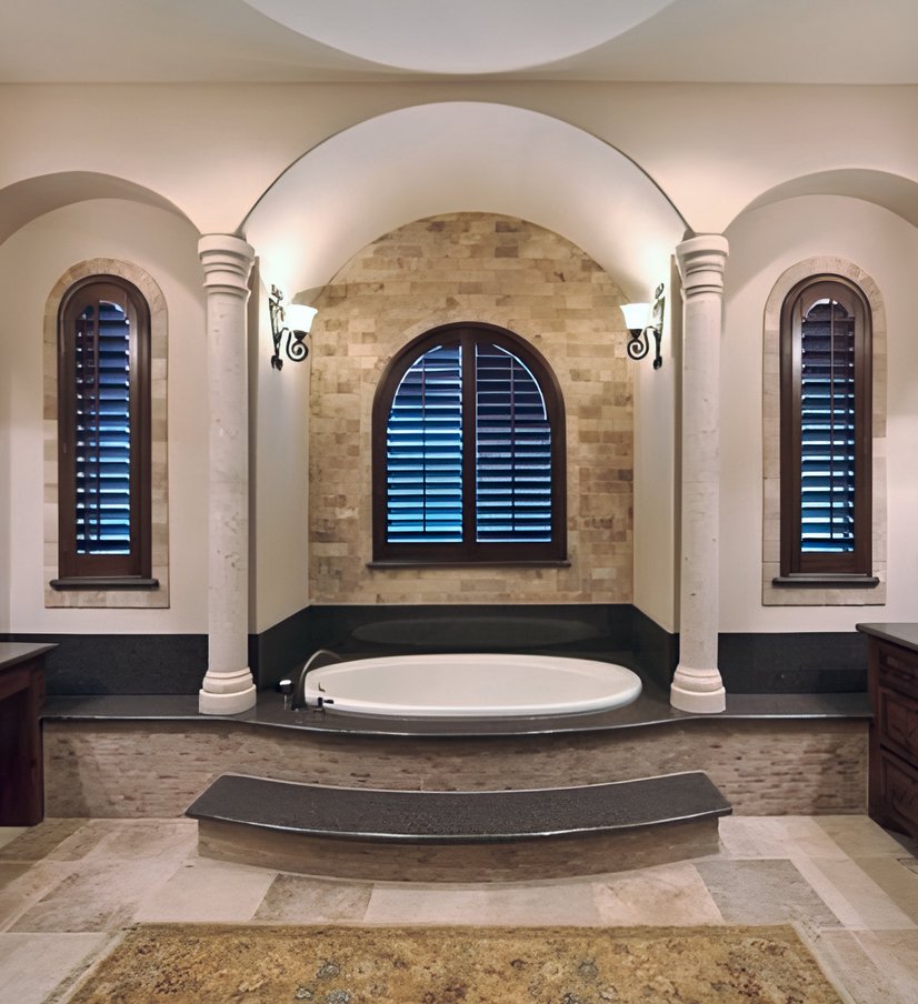 dark wood-framed plantation shutters with arched windows in a luxury bathroom