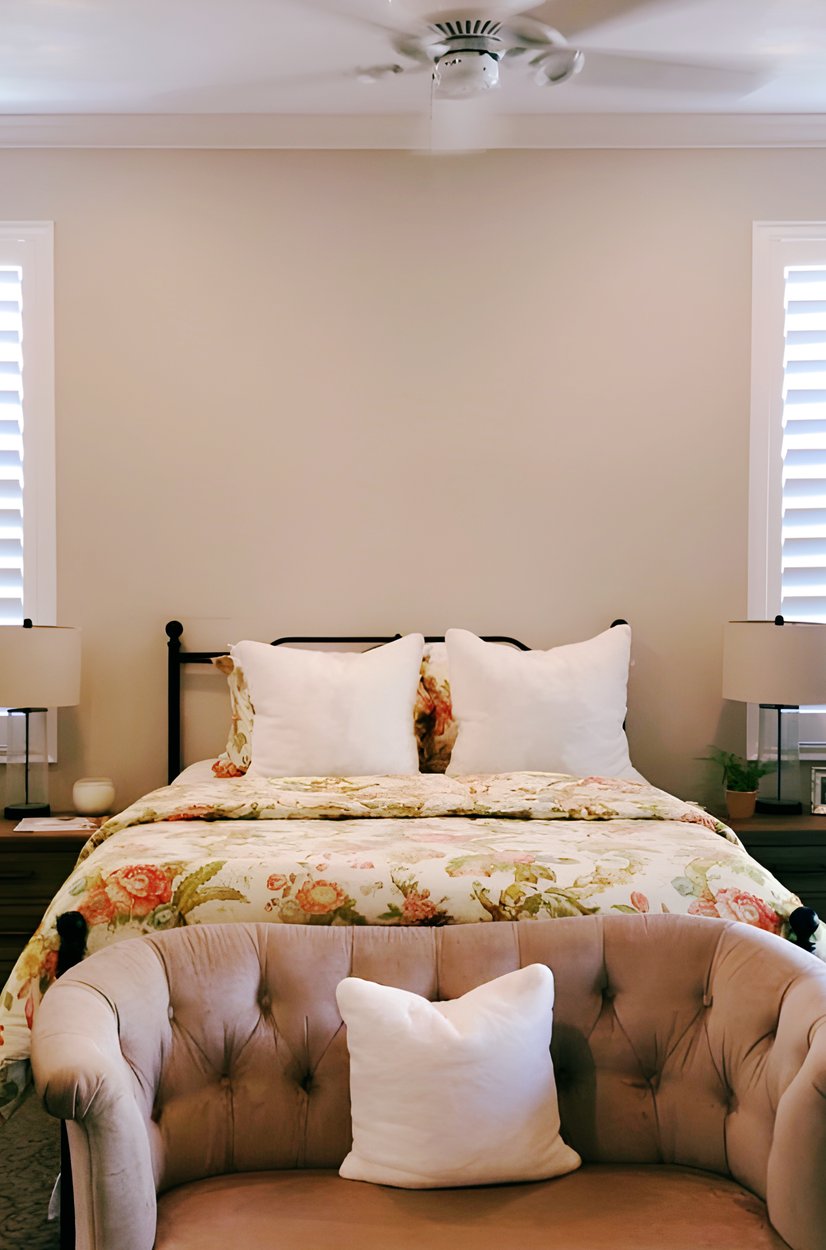 white plantation shutters flanking a bed in a master bedroom
