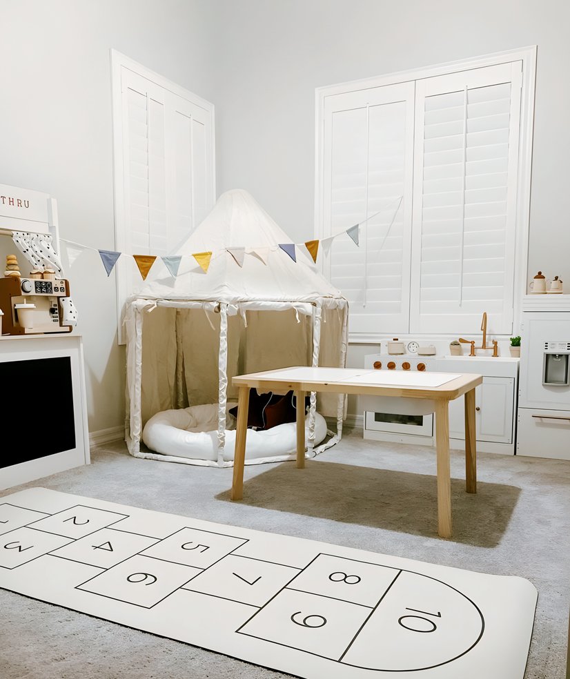 white plantation shutters in a children's playroom